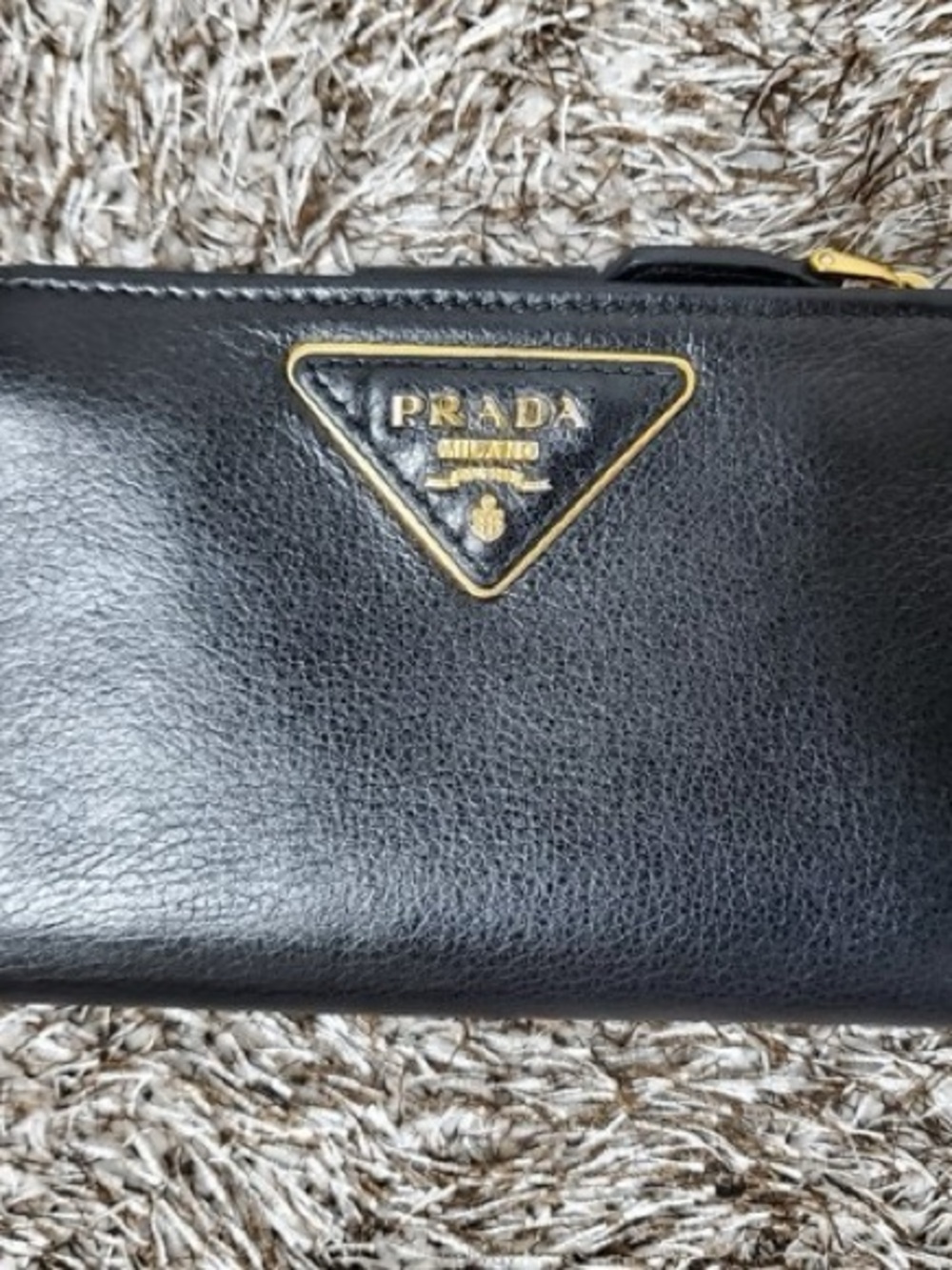 Prada Black Leather Zip Wallet with Gold Triangle Logo
